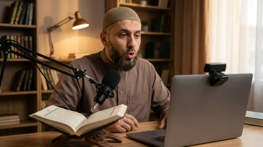 A Tajweed teacher sitting at a desk demonstrating correct Arabic letter pronunciation into a camera for an online student