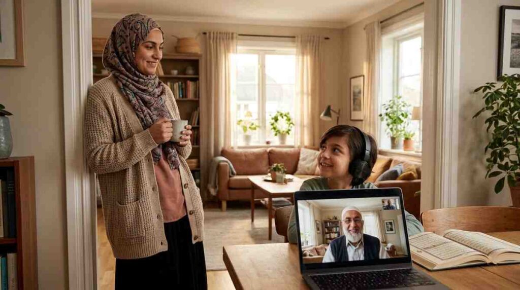 A Muslim mother casually checking her child's online Quran class screen while both child and teacher appear comfortable and welcoming