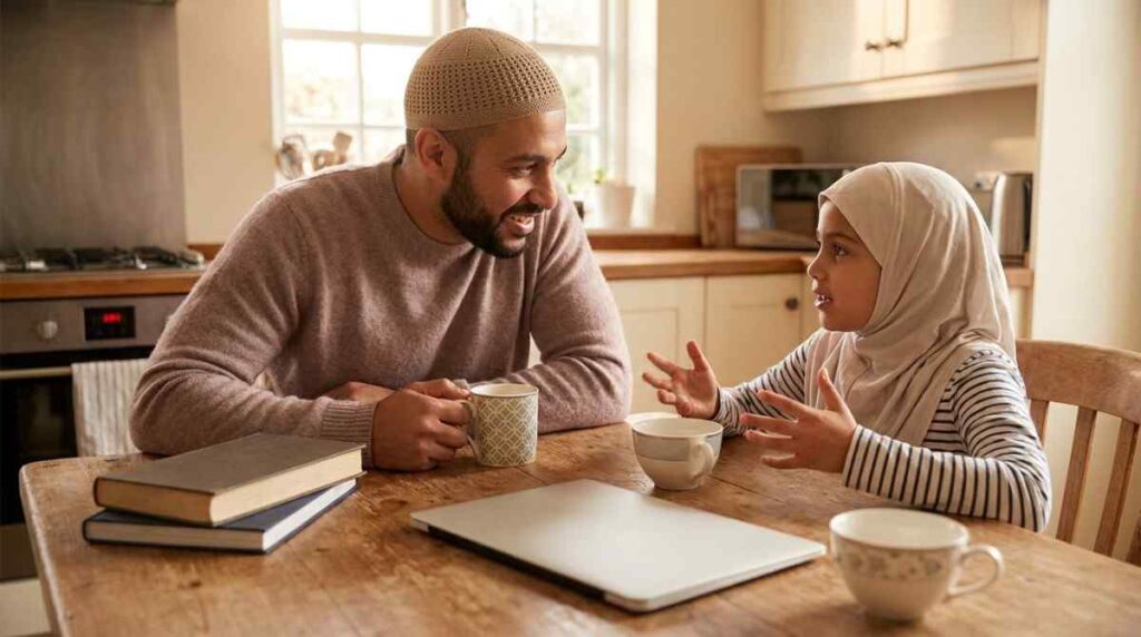 A Muslim parent having a calm, warm conversation with their child after an online Quran class, with a closed laptop visible in the background