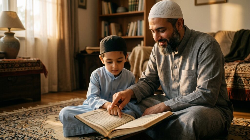 A Muslim father sitting beside his young child on a prayer rug, guiding the child's finger along a line of Quran text