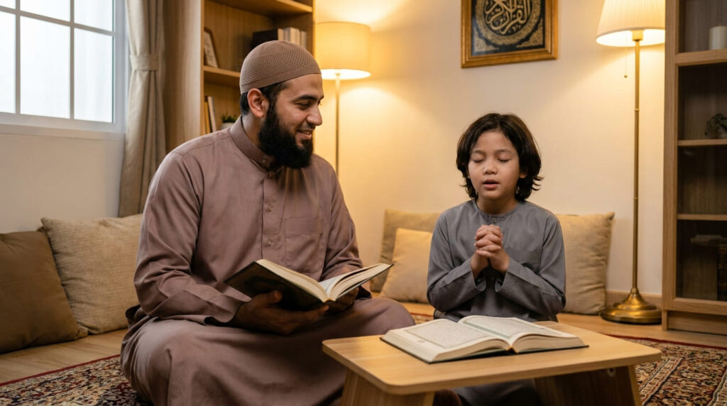 A Muslim father following in an open Quran while his child recites the daily Manzil from memory beside him