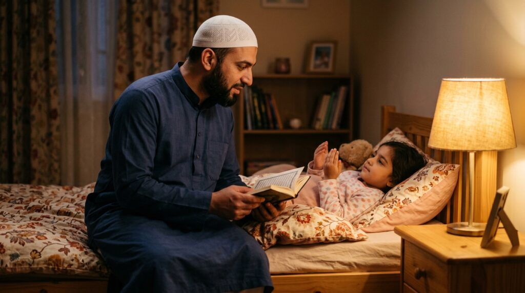 A Muslim father reciting Quran with his child at bedtime in warm lamplight