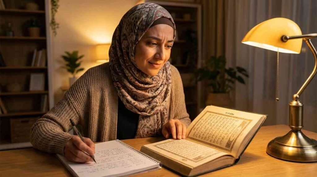 A Muslim adult studying Surah Al-Fatiha with an open Quran and handwritten meaning notes beside it in warm lamp light