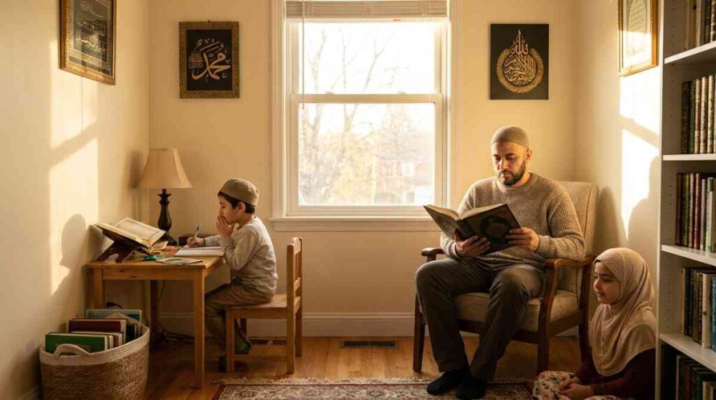 A Muslim family in a warm living room with a father reading Quran and child doing Hifz preparation at a desk, showing a Quran-present home environment