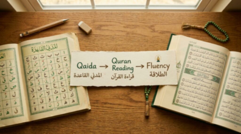 An open Madani Qaida beside an open Quran with a paper timeline arrow between them showing the learning progression