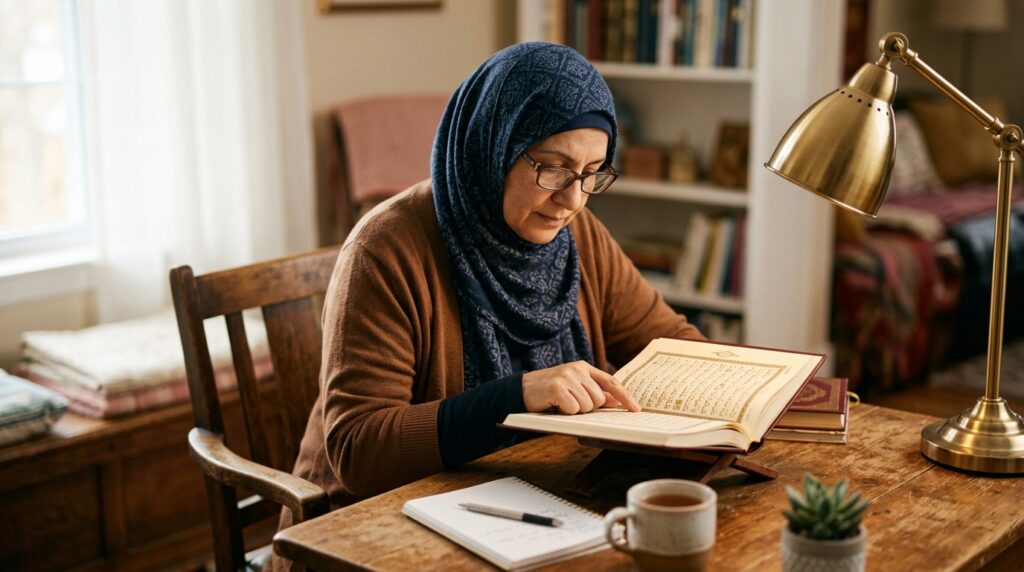 A Muslim student reading from an open Quran at a home desk with focused confidence, showing progress in their learning