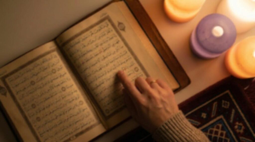 Rules of stopping waqf in Quran recitation - hand following Arabic text with pause marks