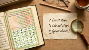 A close-up of an open Quran page showing Arabic text with Waqf stopping symbols visible, with a finger pointing at one symbol