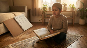A Muslim student sitting on a prayer rug with an open Quran and a Hifz revision planner showing Sabaq, Sabqi, and Manzil sections