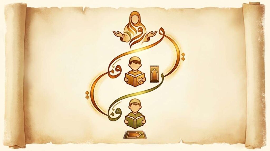 An elegant visual showing a generational chain of Quran knowledge flowing from parent to child to grandchild, with prayer icons at each level