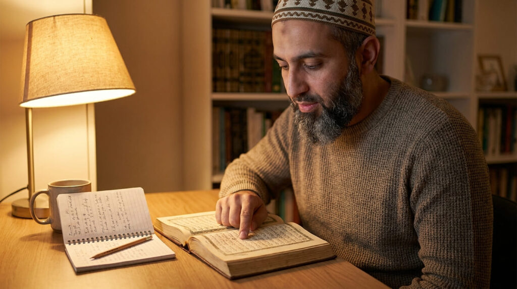 A Muslim adult man in his 30s or 40s studying an open Quran at a desk with a revision notebook in warm lamp light