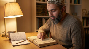 A Muslim adult man in his 30s or 40s studying an open Quran at a desk with a revision notebook in warm lamp light
