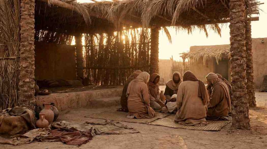 A serene scene evoking the Prophet's mosque in early Madinah with the Suffah platform area where the Companions gathered to learn