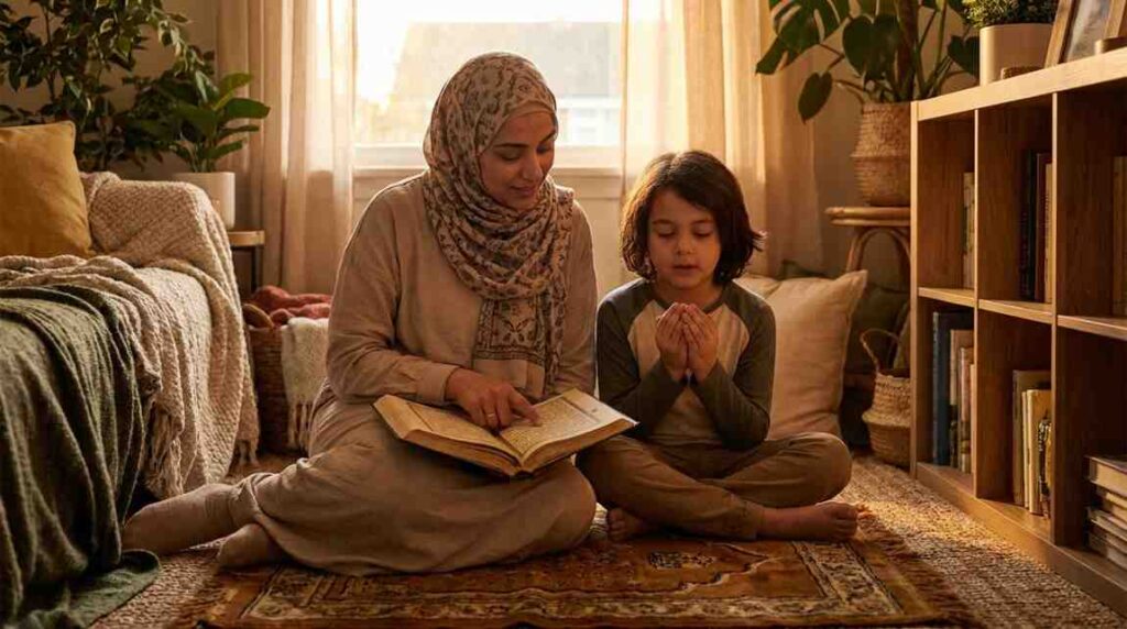 A Muslim mother following in an open Quran while her child recites the daily Hifz Manzil from memory beside her