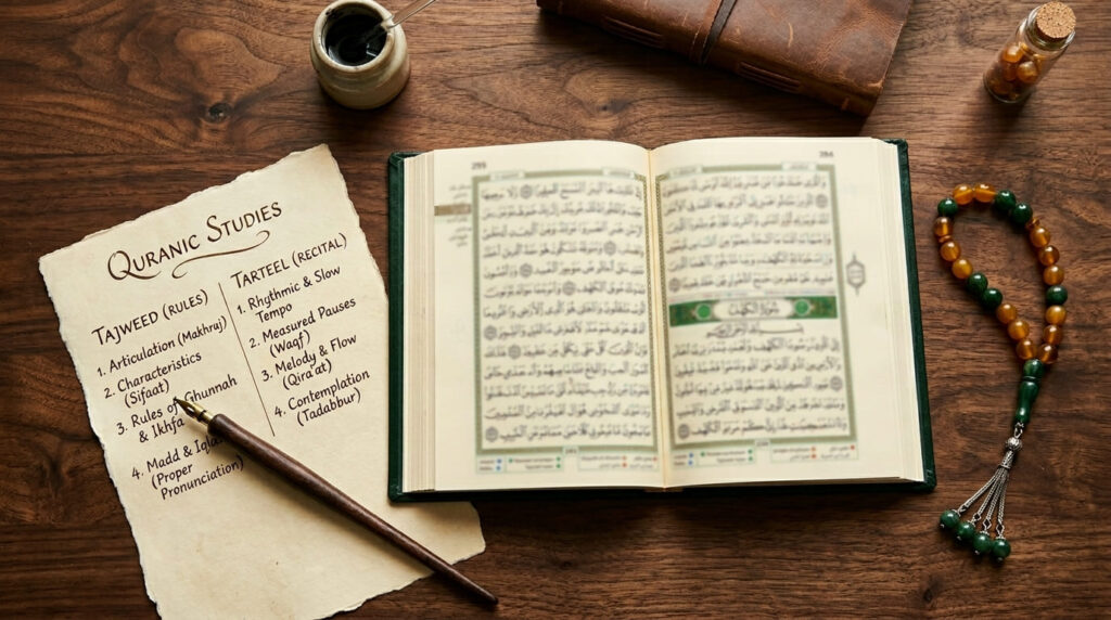 An open color-coded Tajweed Quran beside handwritten comparison notes on Tajweed and Tarteel on a wooden desk