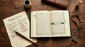 An open color-coded Tajweed Quran beside handwritten comparison notes on Tajweed and Tarteel on a wooden desk