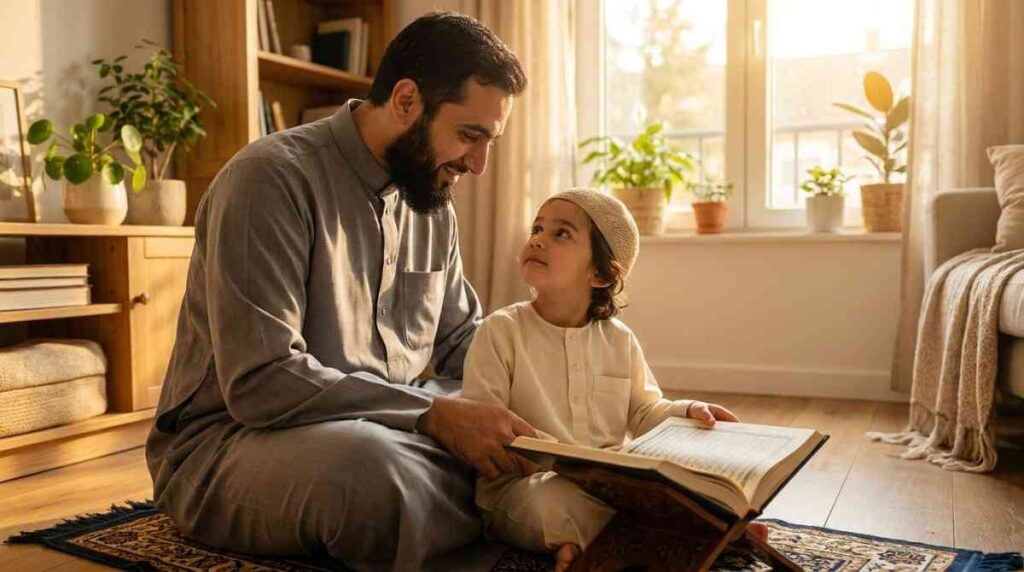 A Muslim father and young child sitting together on a prayer rug, both holding open Qurans, in a warm and devoted family moment