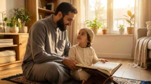 A Muslim father and young child sitting together on a prayer rug, both holding open Qurans, in a warm and devoted family moment