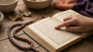 Waqf rules in Quran recitation - student reading Mushaf with waqf symbols highlighted