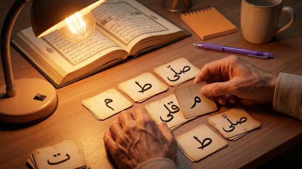 Student practicing waqf symbol recognition with flashcards beside an open Quran