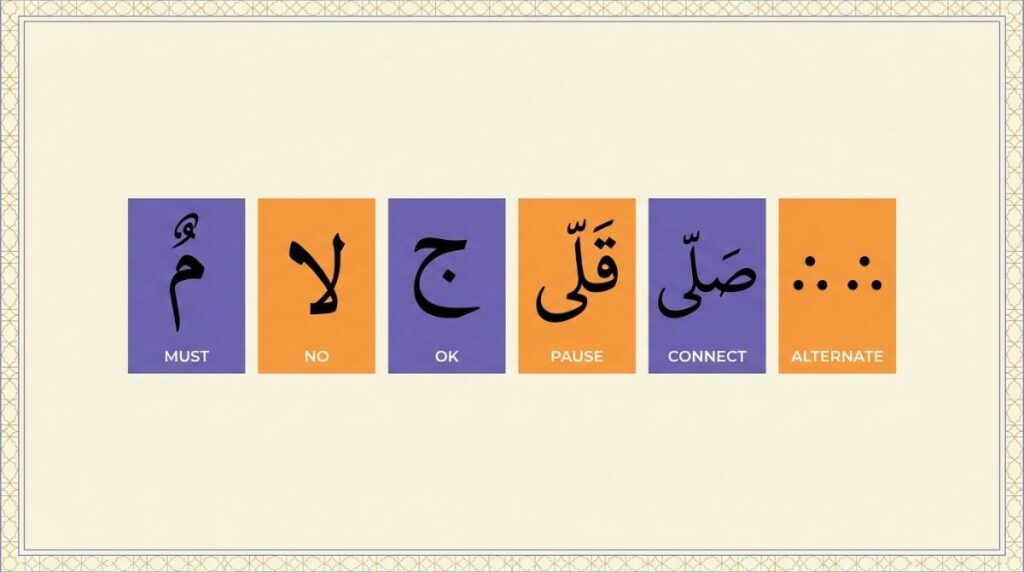 Side by side comparison of all six waqf symbols as they appear on a Quran page