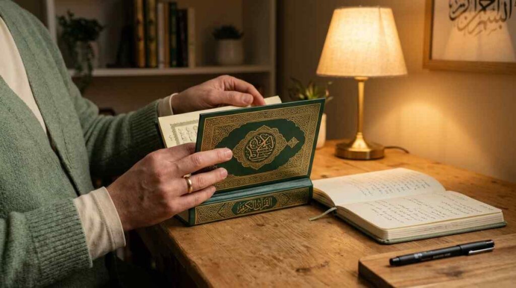 Adult's hands opening a Quran at a home study desk