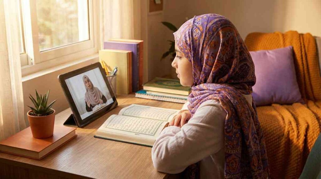 A female Hifz teacher guiding a young girl through Quran memorization in an online class