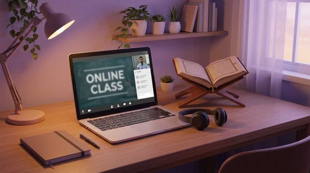 A professional home online teaching setup for a female Quran instructor with laptop Quran and headset