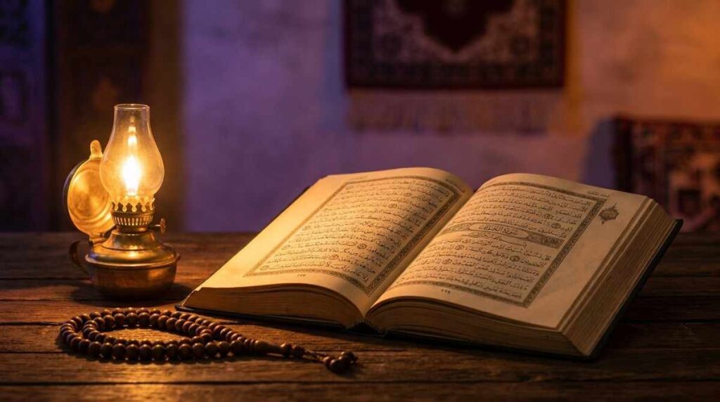 An open Quran on a wooden surface with warm golden light, evoking the reverence of Quranic learning