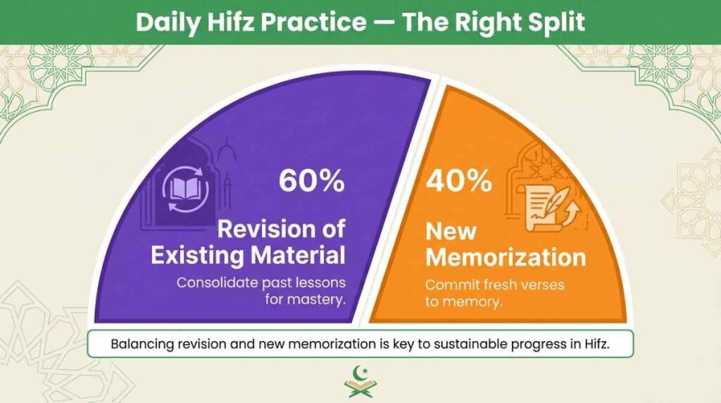Infographic showing the recommended 60 percent revision 40 percent new memorization split for daily Hifz practice