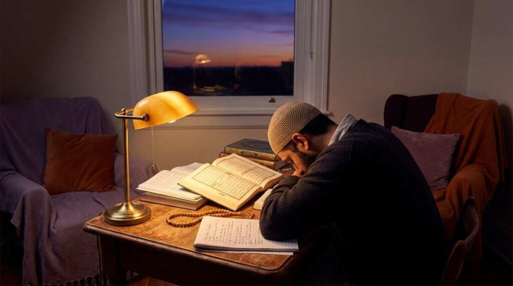 An adult Muslim man reading the Quran at a desk in focused study for Hifz memorization