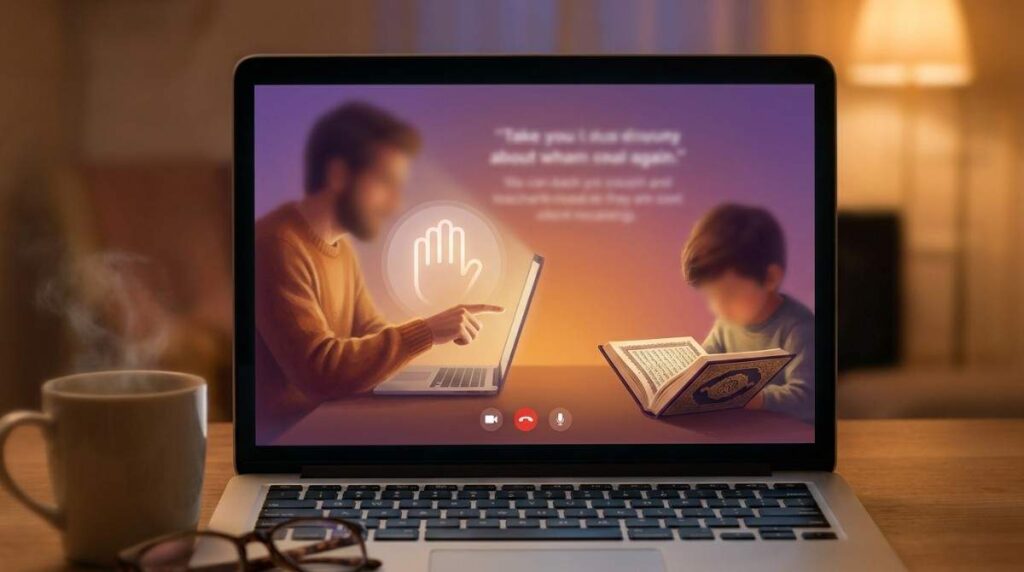 A trial Hifz class showing gentle teacher correction with a young student online