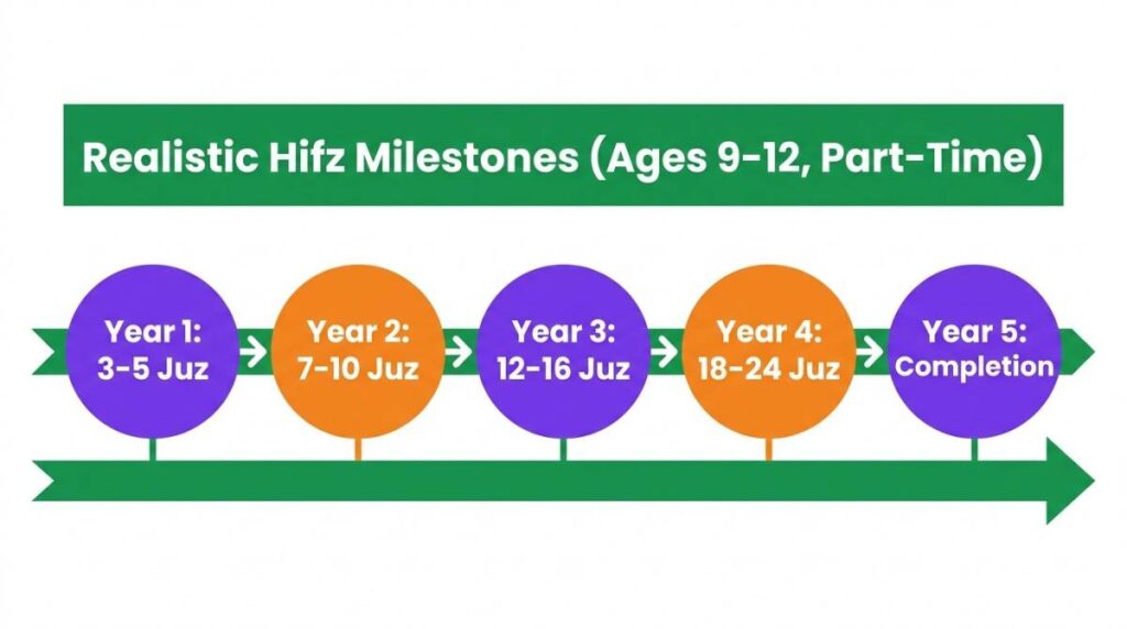 Yearly milestone timeline showing realistic Hifz progress targets from year one to completion