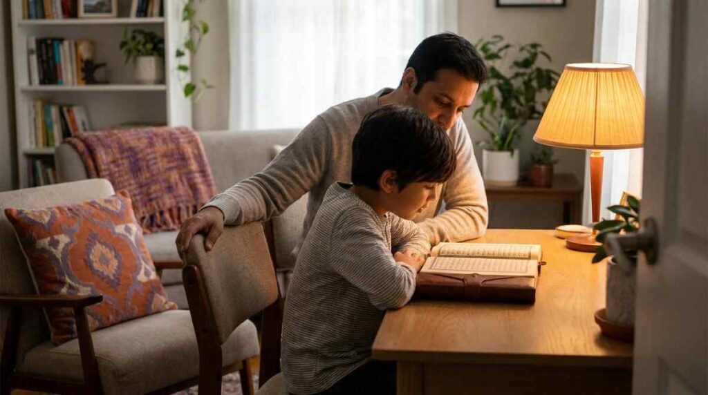 A parent sitting beside a young child during a Quran memorization practice session at home
