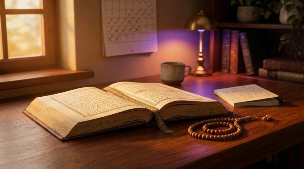 An open Quran with a bookmark placed partway through, suggesting a reading journey in progress