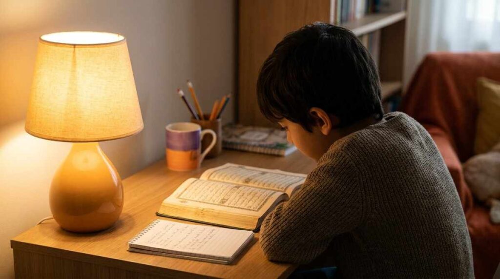 A young student working through Quran memorization at a desk with an open Mushaf