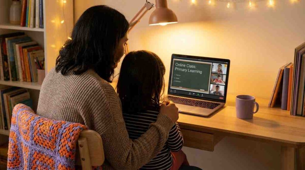 A parent and child looking at a laptop together evaluating an online Quran academy