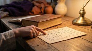 Hand pointing to an Arabic letter chart beside an open Quran on a wooden desk