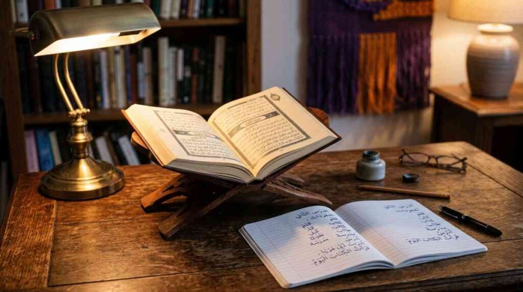 Notebook with handwritten Arabic drill words open beside a Quran on a desk