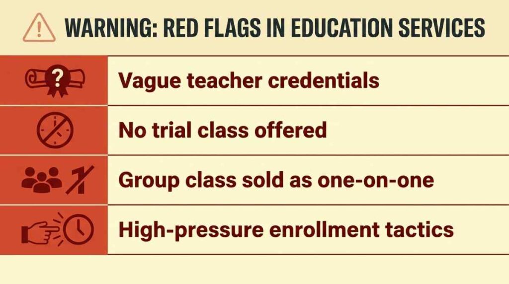 Red flags graphic warning parents about untrustworthy online Quran academy practices
