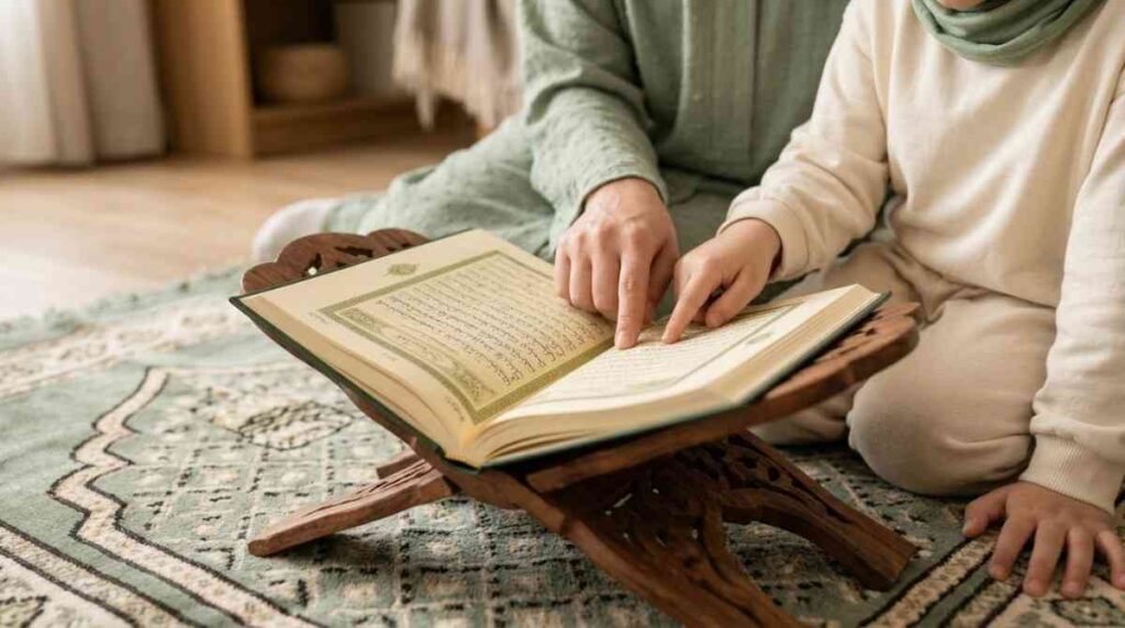 Parent and child sitting together with an open Quran between them