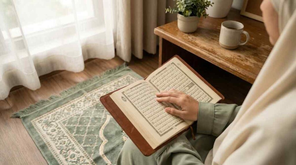Student's hands resting on an open Quran during a tajweed practice session