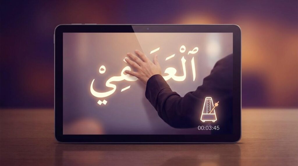 Online Quran teacher correcting a student's recitation pace to build tarteel during a live class