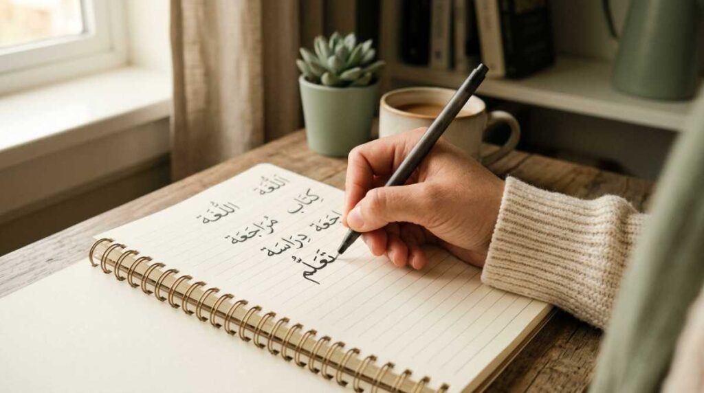 Close-up of a hand writing tajweed practice words in a notebook