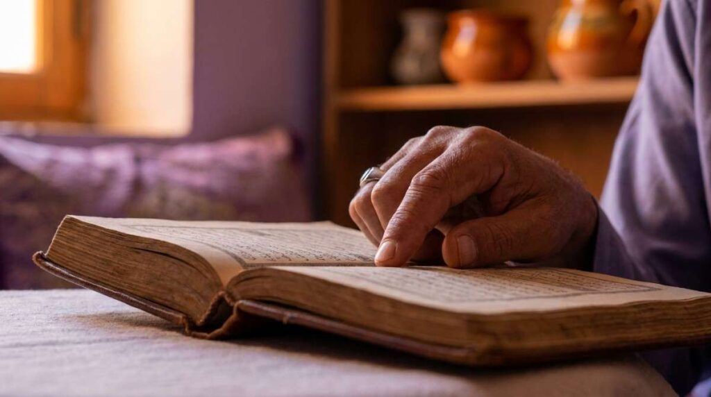 A student reciting Quran slowly with reflection, illustrating the meaning of tarteel