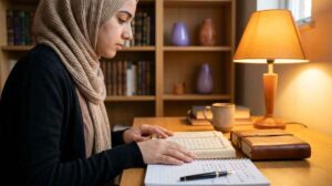 A young Muslim woman in hijab studying Quran at a desk preparing to become a Quran teacher