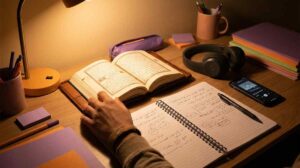 A student memorizing Quran with a Mushaf open and a revision notebook beside it