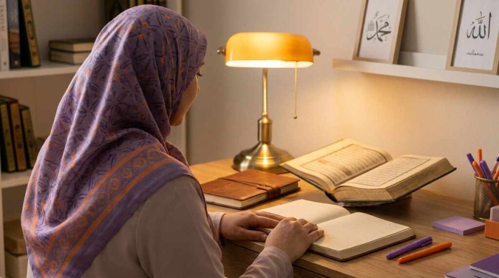 A female Islamic teacher in a hijab teaching Quran to a young girl in a warm home study setting