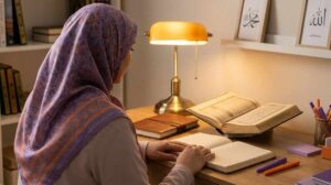 A female Islamic teacher in a hijab teaching Quran to a young girl in a warm home study setting