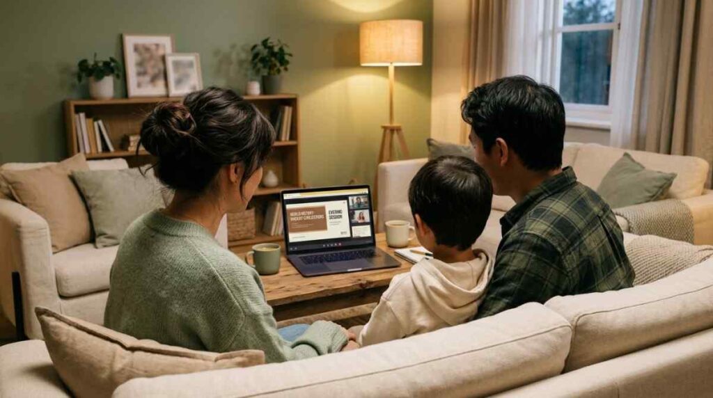 Family sitting together in a living room during an evening online Quran class